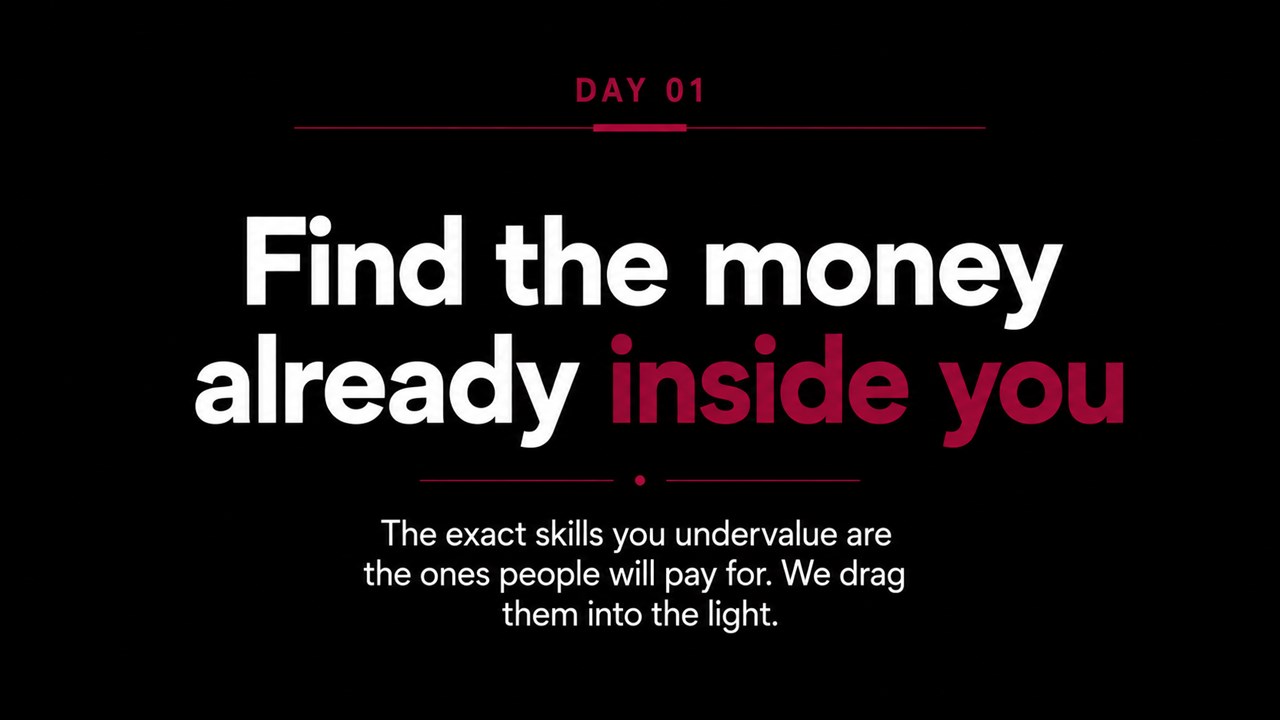 Day 1 — Find the money already inside you. The exact skills you undervalue are the ones people will pay for. We drag them into the light.