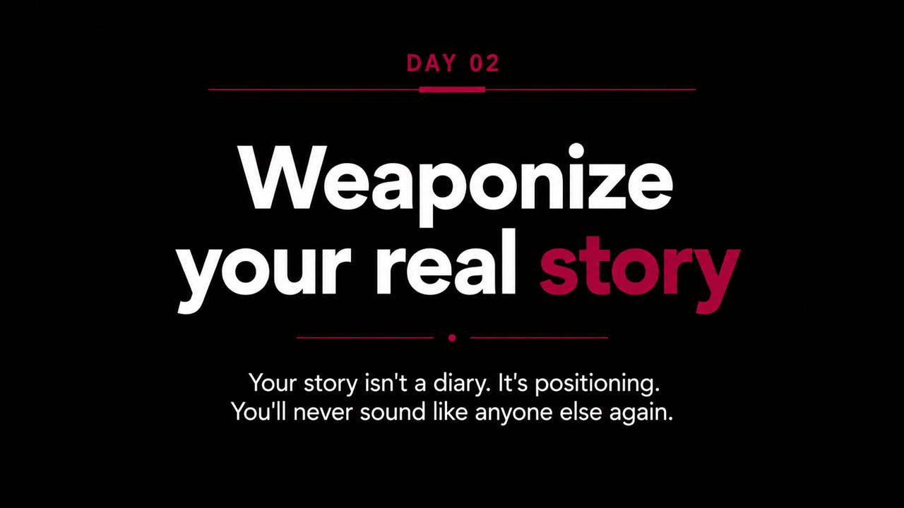 Day 2 — Weaponize your real story. Your story isn't a diary. It's positioning. You'll never sound like anyone else again.