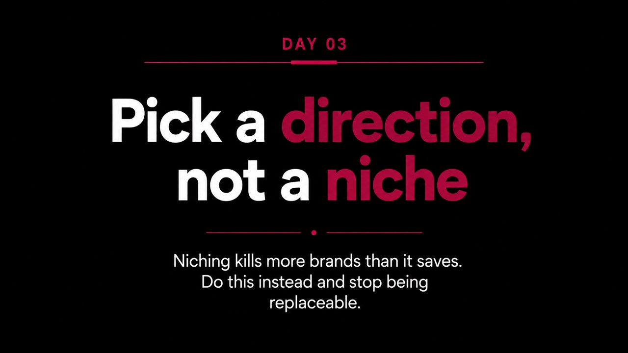Day 3 — Pick a direction, not a niche. Niching kills more brands than it saves. Do this instead and stop being replaceable.