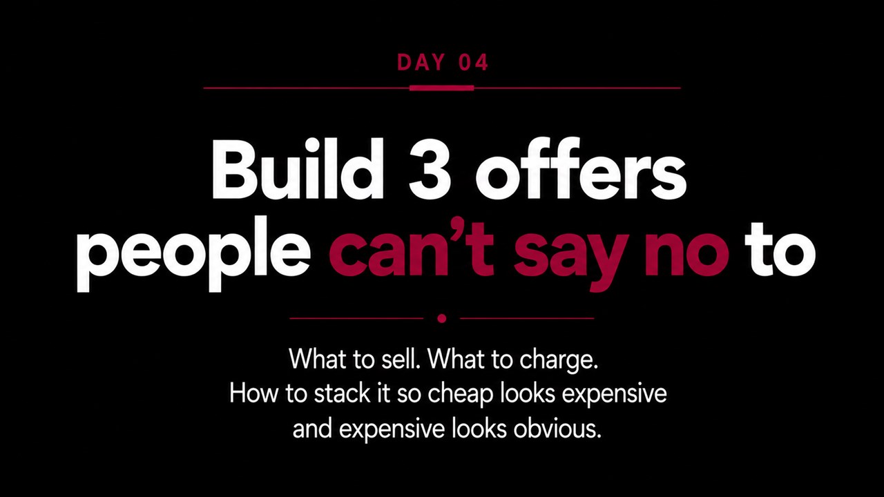 Day 4 — Build 3 offers people can't say no to. What to sell. What to charge. How to stack it so cheap looks expensive and expensive looks obvious.
