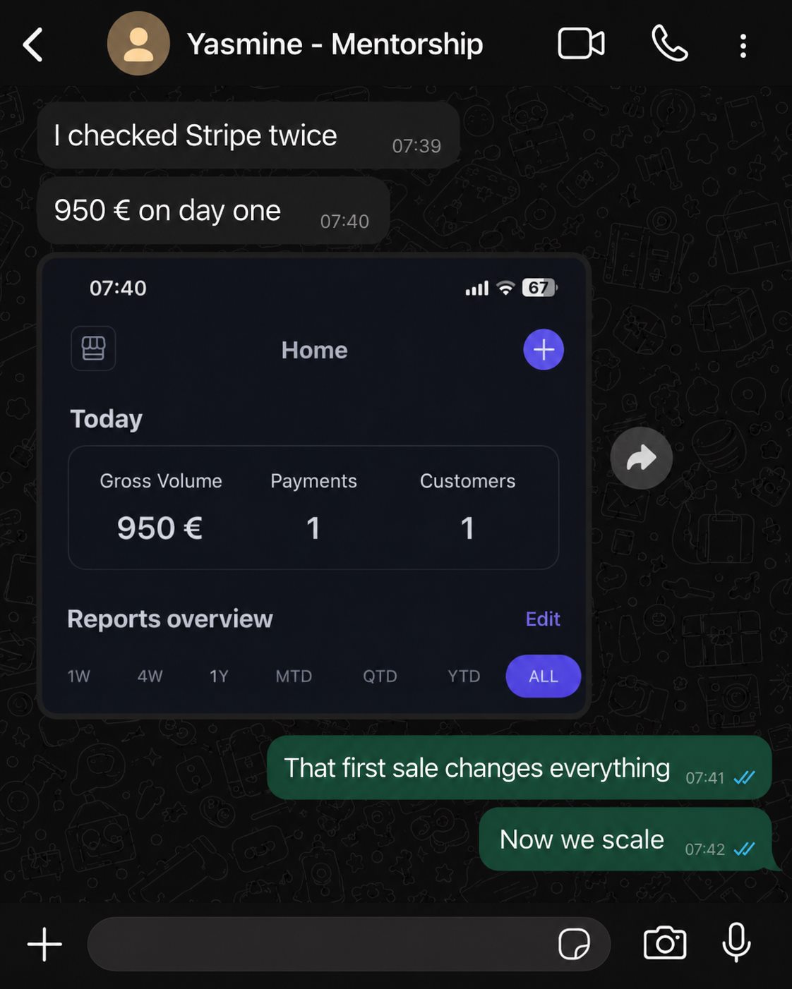 Yasmine shares her first €950 sale after applying the mentorship strategy
